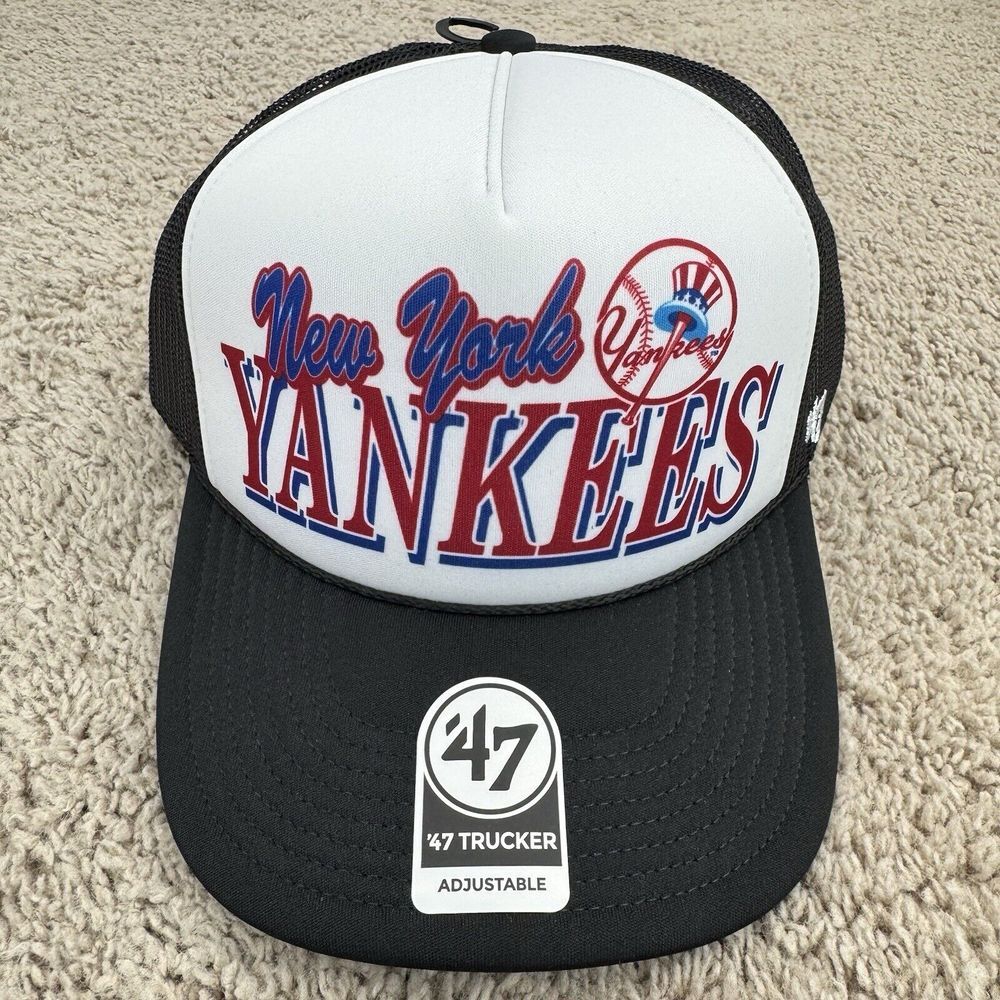 New York Yankees '47 Trucker Creedence Foam‎ Mesh Snapback White Black Roped Cap